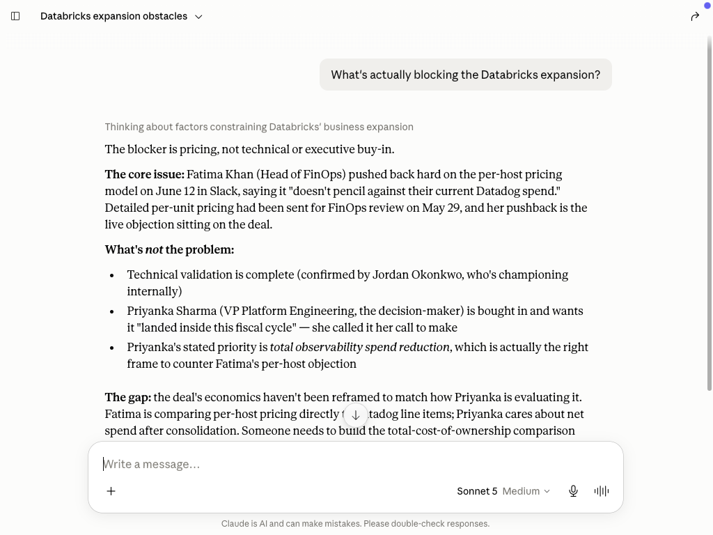 Claude Desktop, Endgame: the blocker is pricing &mdash; Fatima Khan, Head of FinOps, pushed back on per-host pricing June 12 in Slack, saying it doesn't pencil against their current Datadog spend