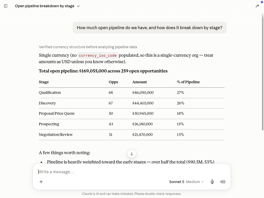 Claude Desktop, Endgame: total open pipeline $169,055,000 across 259 open opportunities with the full five-row stage table