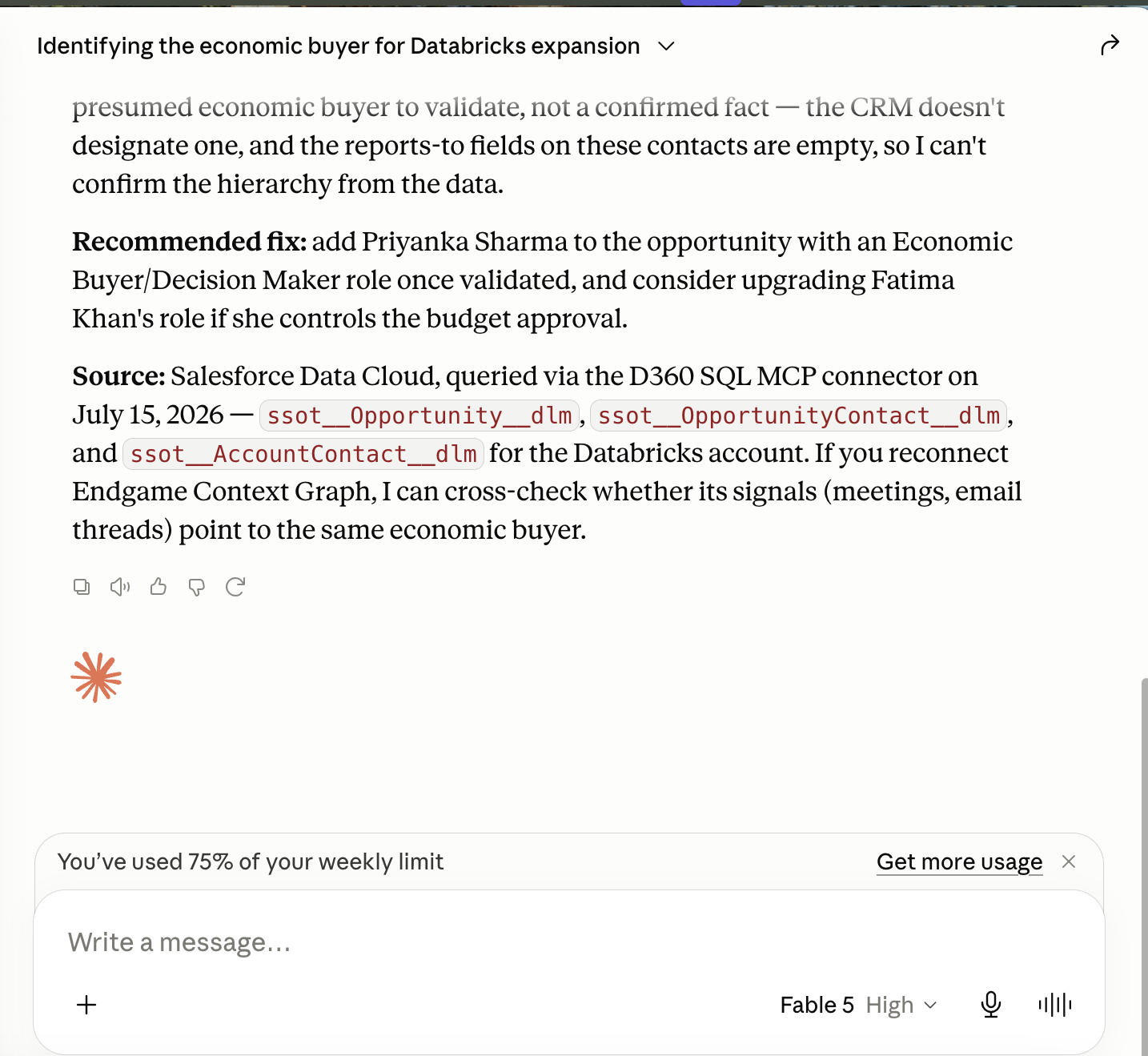 Claude Desktop, Data 360 with Fable 5: calls Priyanka the presumed economic buyer to validate, not a confirmed fact, noting the CRM doesn't designate one