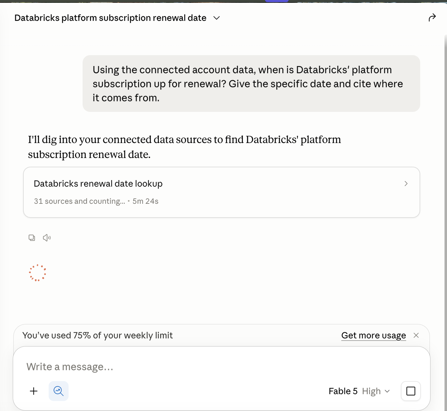 Claude Desktop, Data 360 with Fable 5: an in-progress research run reading 31 sources and counting, 5 minutes 24 seconds