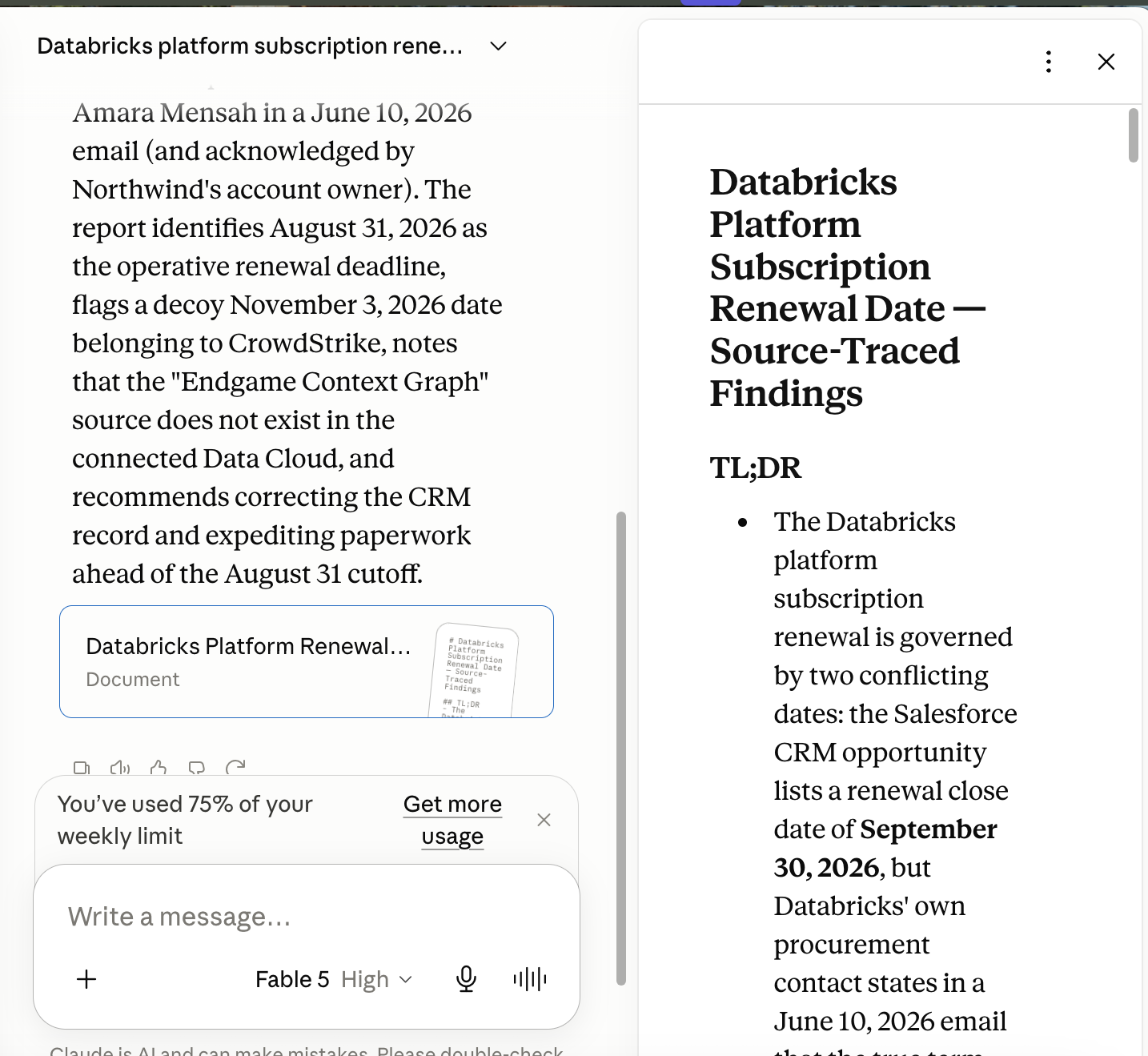 Claude Desktop, Data 360 with Fable 5: a research document titled Databricks Platform Subscription Renewal Date, identifying August 31 2026