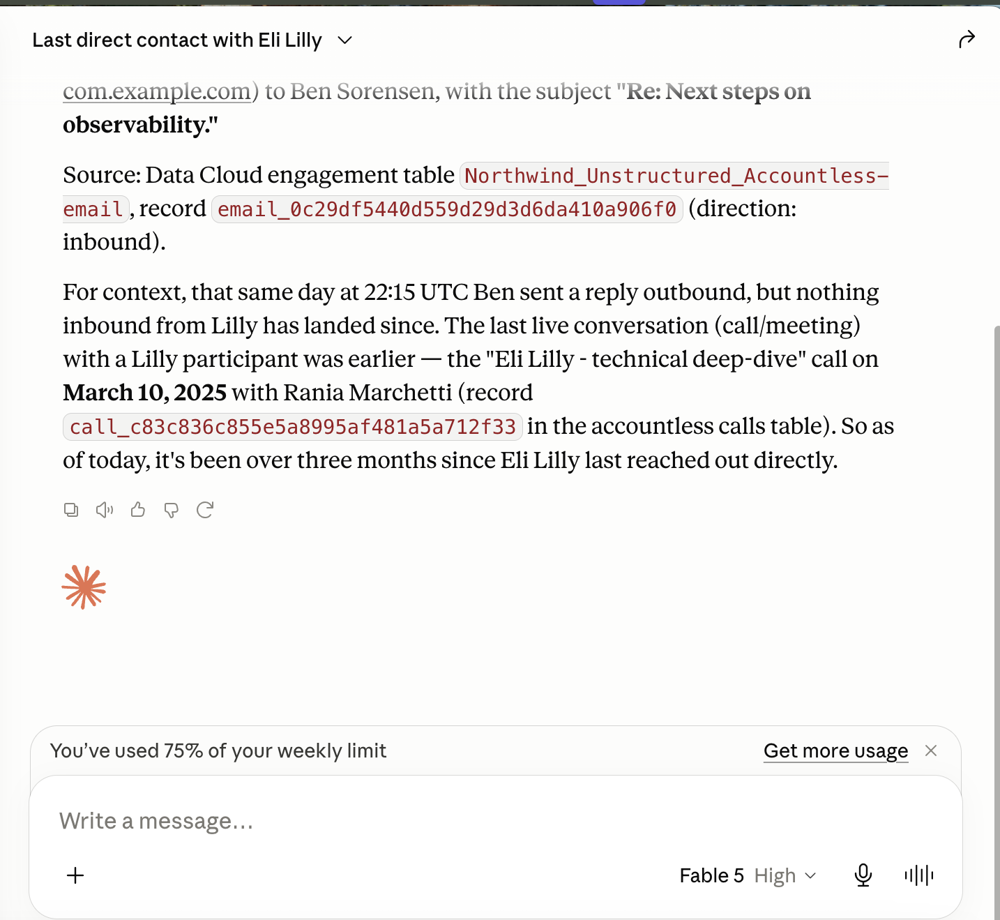 Claude Desktop, Data 360 with Fable 5 after a re-worded prompt: says over three months since Eli Lilly last reached out directly, citing the inbound email record