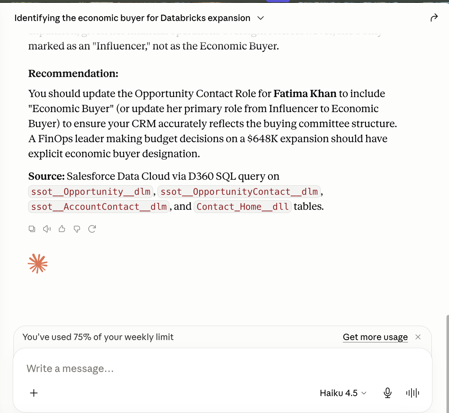 Claude Desktop, Data 360 with Haiku 4.5: recommends updating the Opportunity Contact Role for Fatima Khan to Economic Buyer