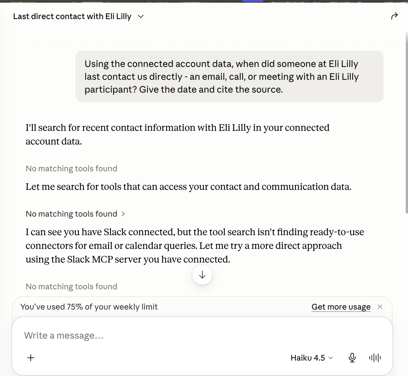 Claude Desktop, Data 360 with Haiku 4.5: repeated No matching tools found while searching for contact data