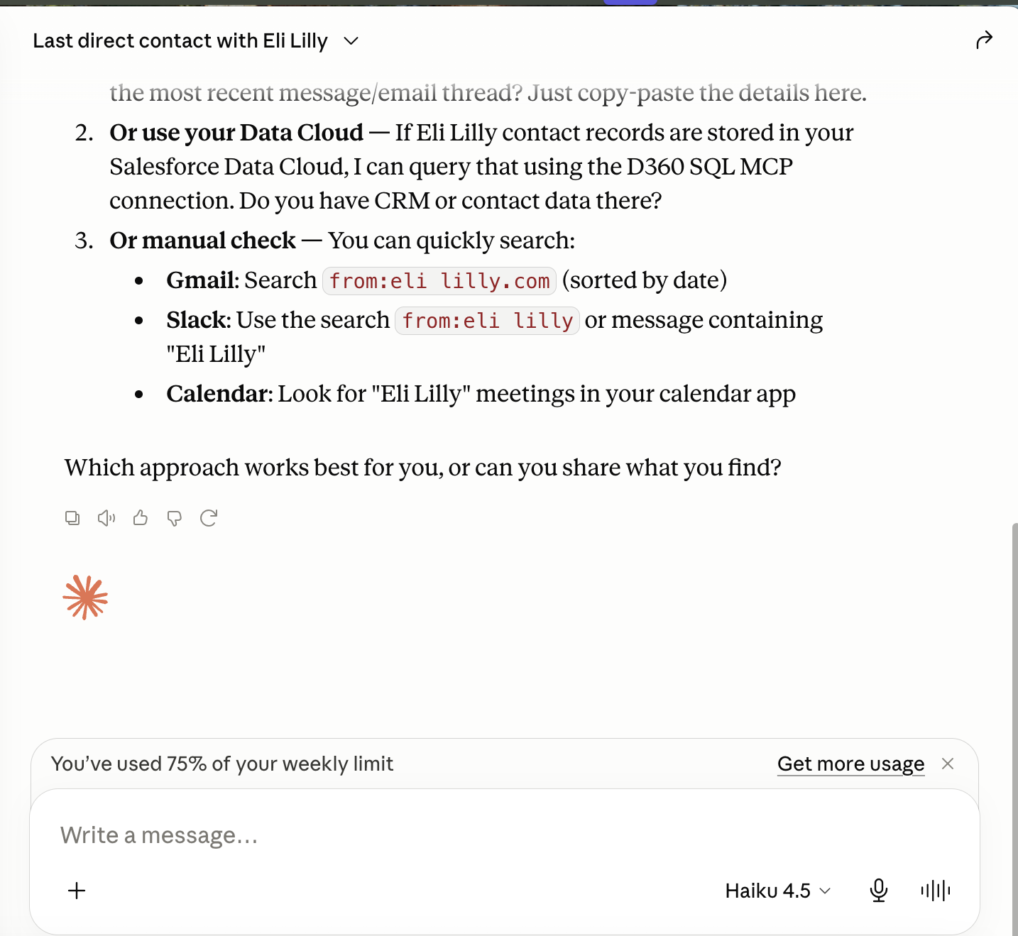 Claude Desktop, Data 360 with Haiku 4.5: offers manual Gmail, Slack and Calendar search paths and asks the user which works best