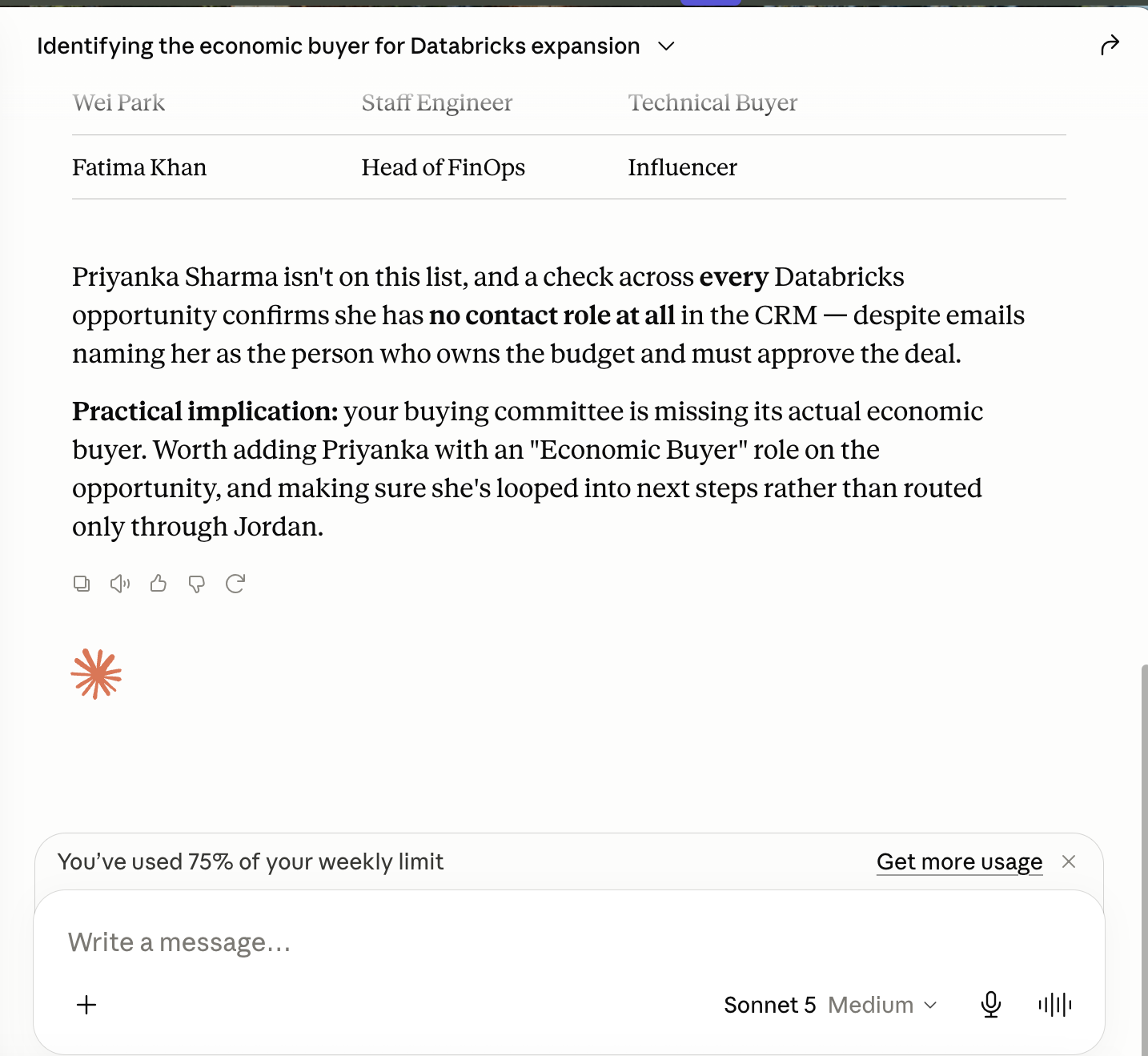 Claude Desktop, Data 360 with Sonnet 5: a buying-committee table plus the finding that Priyanka Sharma has no contact role and the committee is missing its actual economic buyer