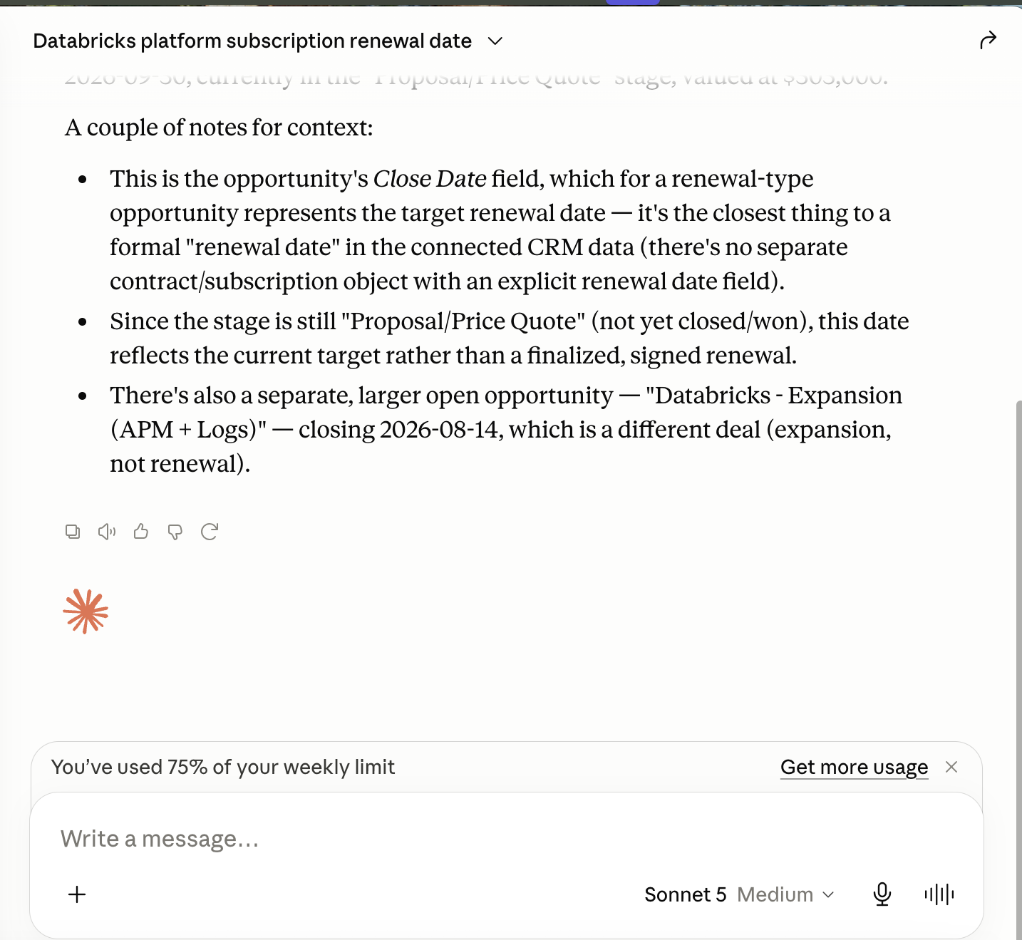 Claude Desktop, Data 360 with Sonnet 5: renewal answer citing 2026-09-30, the opportunity Close Date, noting there is no separate contract object
