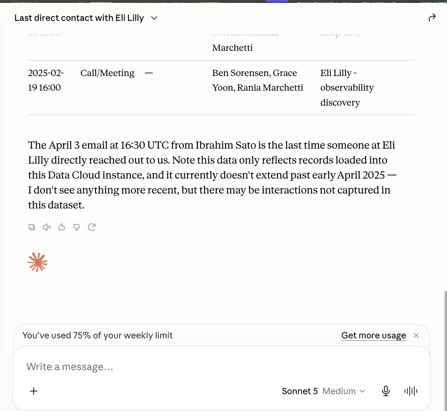 Claude Desktop, Data 360 with Sonnet 5 after a re-worded prompt: the April 3 email at 16:30 UTC from Ibrahim Sato is the last time someone at Eli Lilly reached out