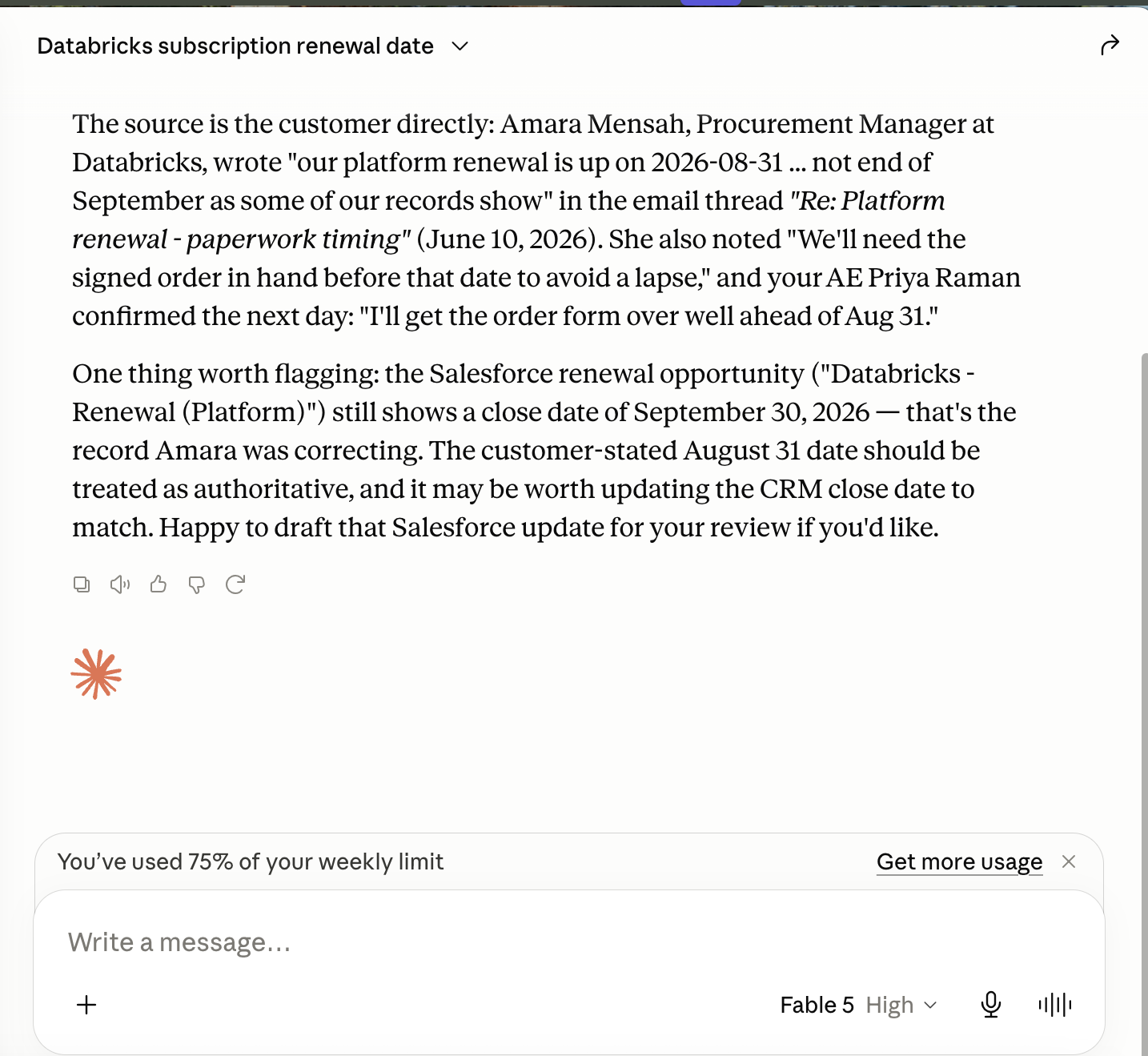 Claude Desktop, Endgame with Fable 5: renews on August 31 2026, citing Amara Mensah's June 10 email and flagging the Salesforce Close Date of 2026-09-30