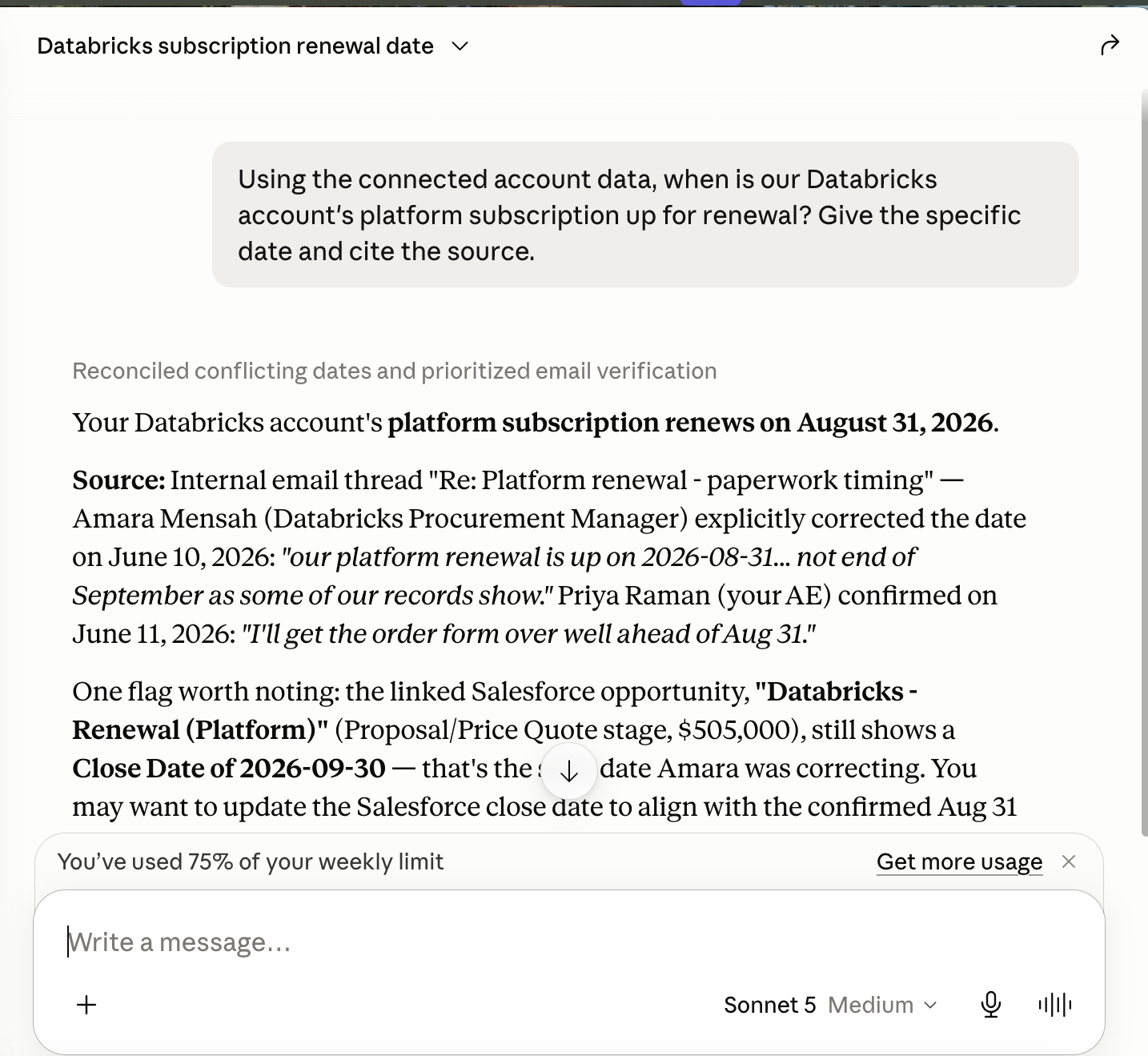 Claude Desktop, Endgame with Sonnet 5: your Databricks platform subscription renews on August 31 2026, citing Amara Mensah's June 10 email and flagging the Salesforce Close Date of 2026-09-30