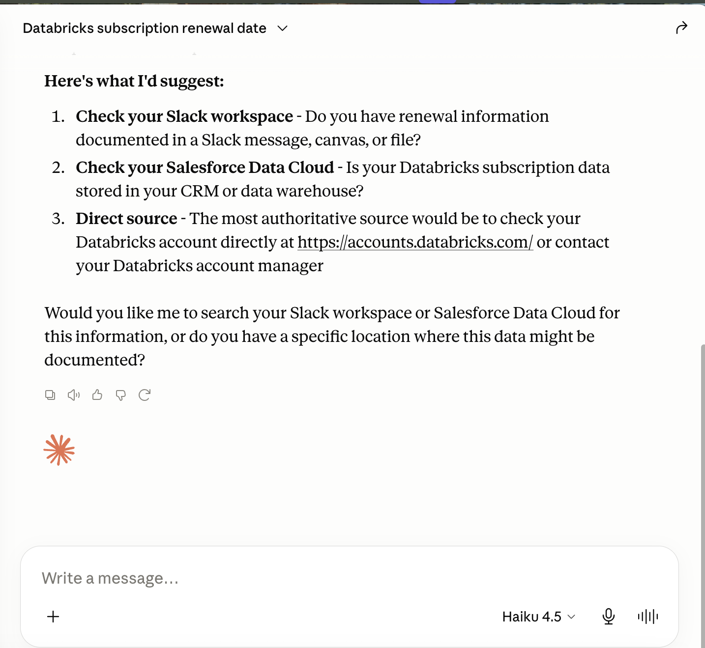 Claude Desktop, Data 360 with Haiku 4.5: offers three suggestions and asks the user which approach to take