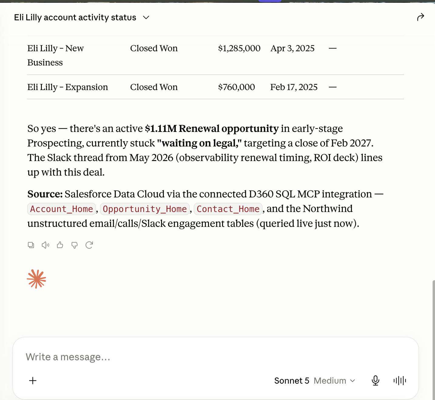 Claude Desktop, Data 360 with Sonnet 5: a closed-won table showing Eli Lilly New Business and the Apr 3 2025 date