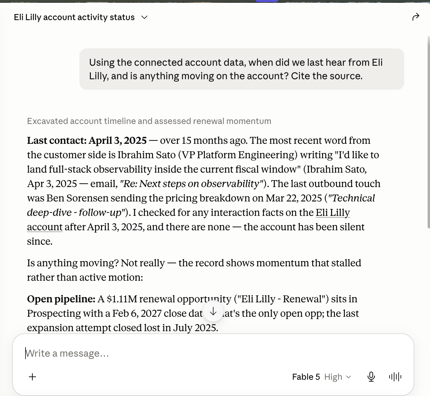 Claude Desktop, Endgame with Fable 5: Last contact April 3 2025 over 15 months ago, citing Ibrahim Sato's email and confirming the account has been silent since