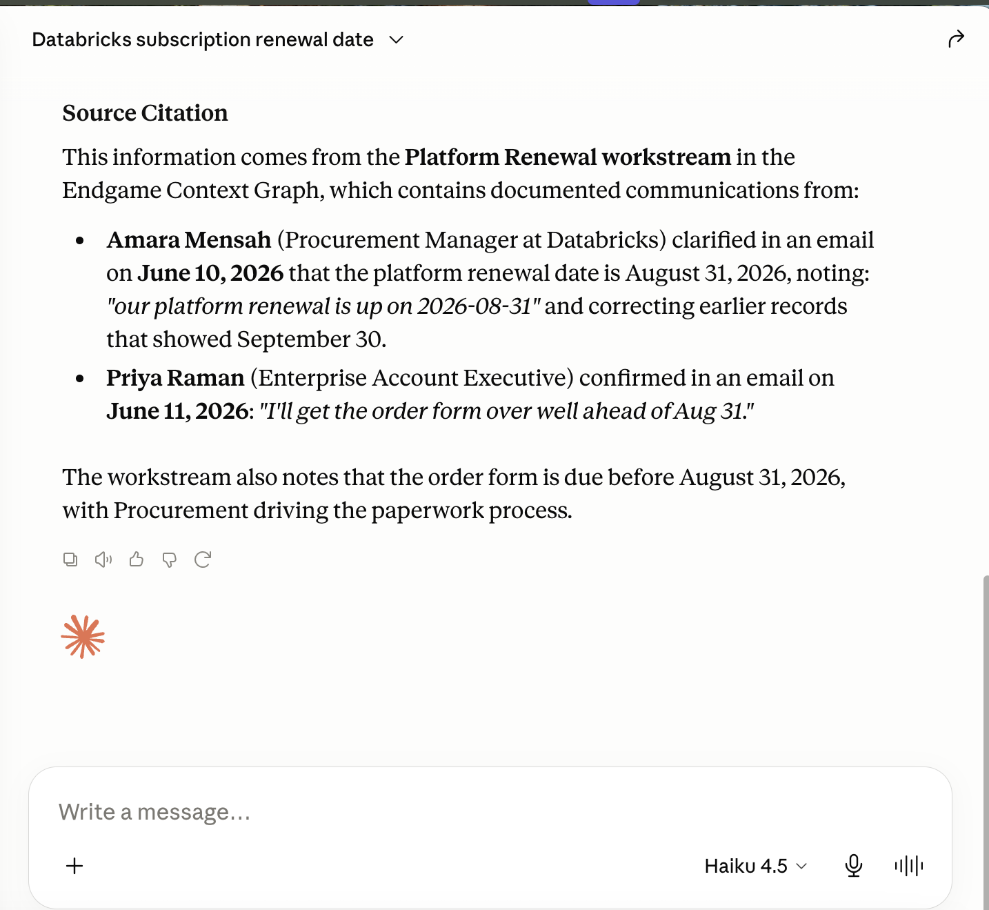 Claude Desktop, Endgame with Haiku 4.5: a Source Citation block citing the Platform Renewal workstream and Amara Mensah's June 10 email for August 31 2026