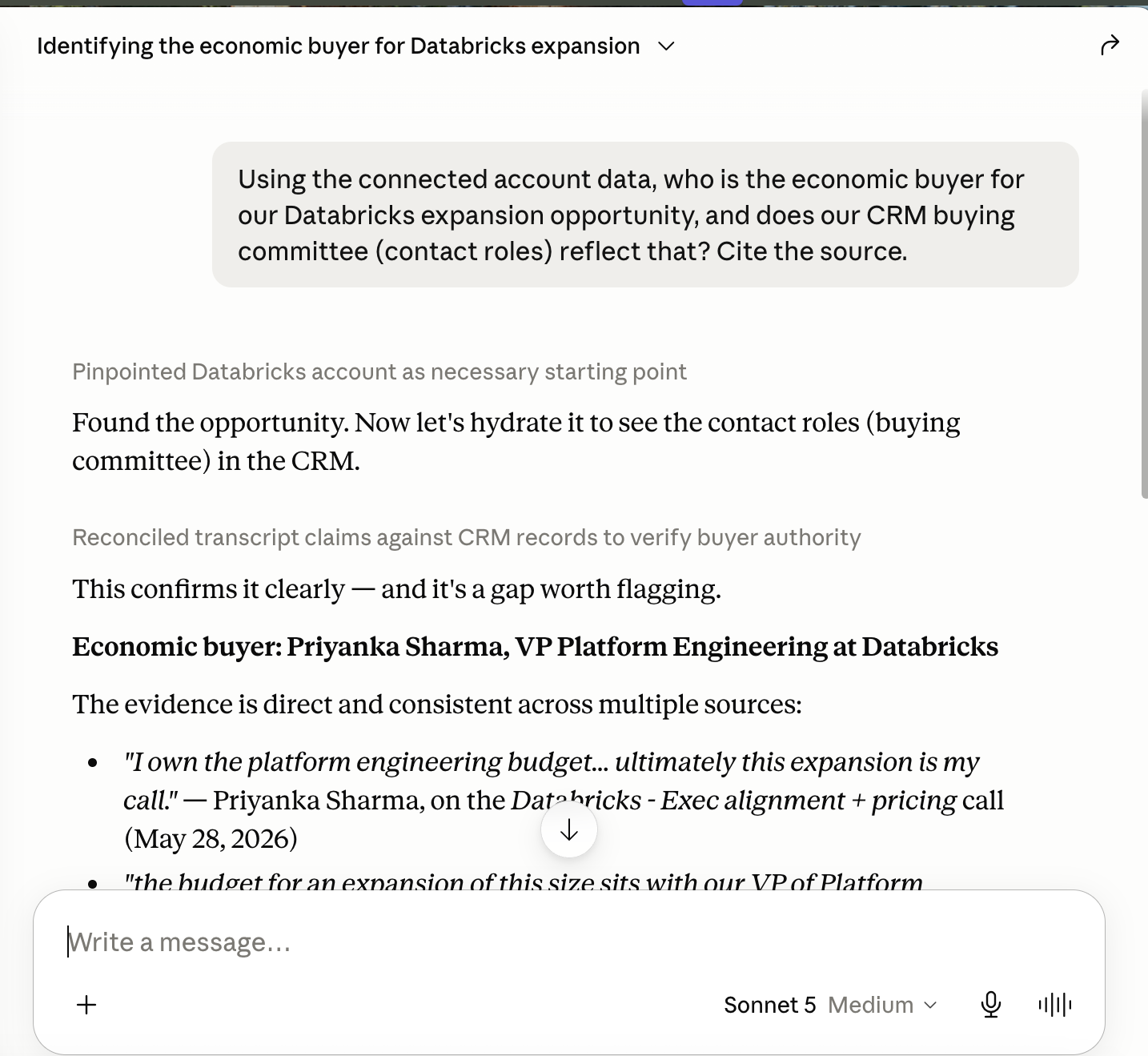 Claude Desktop, Endgame with Sonnet 5: economic buyer Priyanka Sharma, VP Platform Engineering, quoting her May 28 call that she owns the platform engineering budget