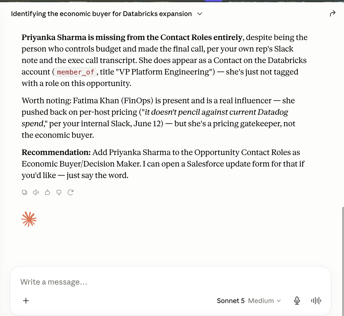 Claude Desktop, Endgame with Sonnet 5: Priyanka Sharma is missing from the Contact Roles entirely, and Fatima Khan is a pricing gatekeeper, not the economic buyer