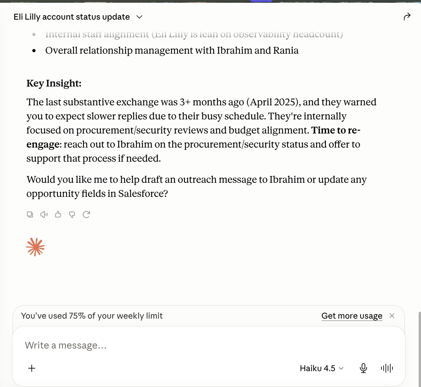 Claude Desktop, Endgame with Haiku 4.5: Key Insight that the last substantive exchange was April 2025, time to re-engage